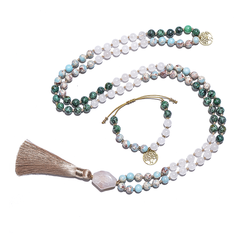 8mm white jade african turquoise emperor jasper beads knotted japamala necklace meditation yoga jewelry set 108 mala rosary
