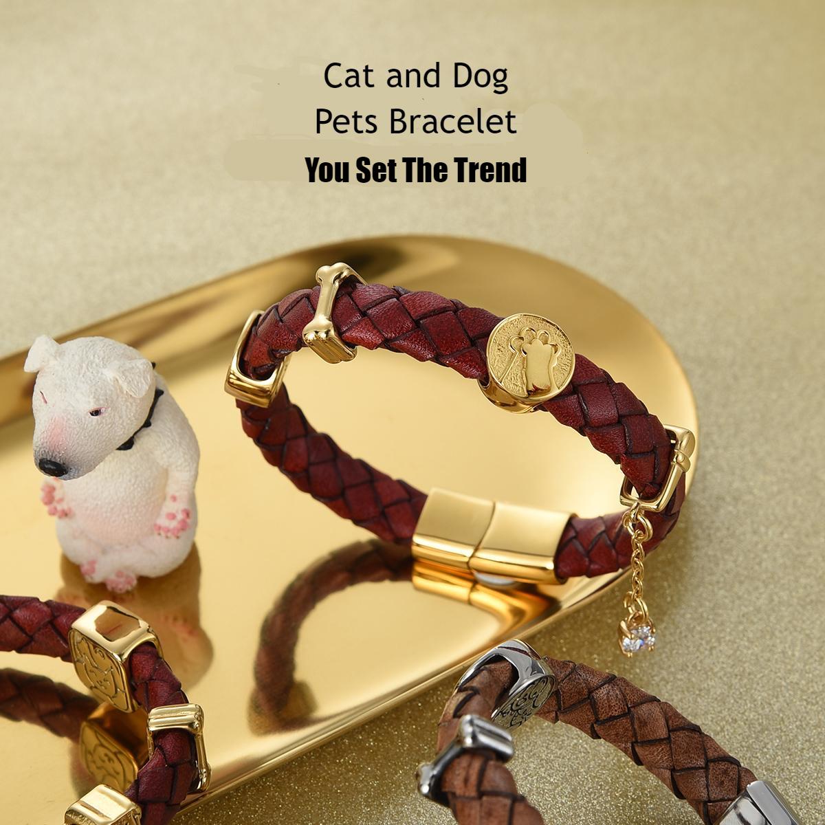reamor cute pet couple charms bracelet women stainless steel gold plating dog cat genuine leather bracelets men femme jewelry