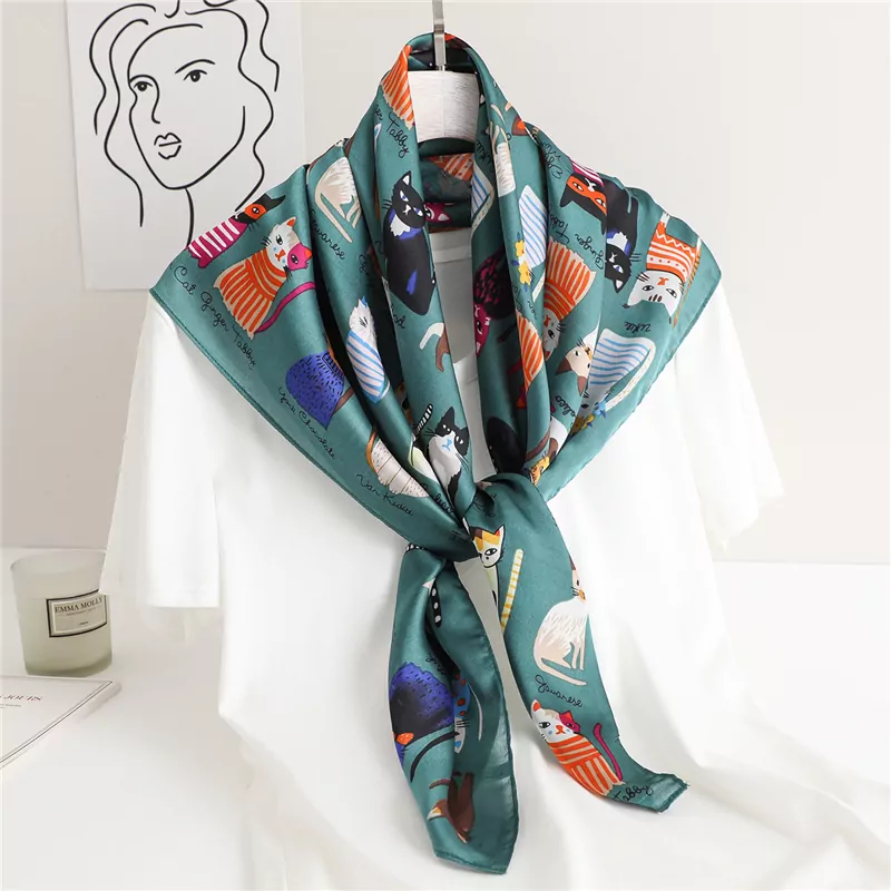2022 hot sale women silk scarf square shawls hijab head band foulard lady neck scarves fashion cat print cartoon hand kerchief