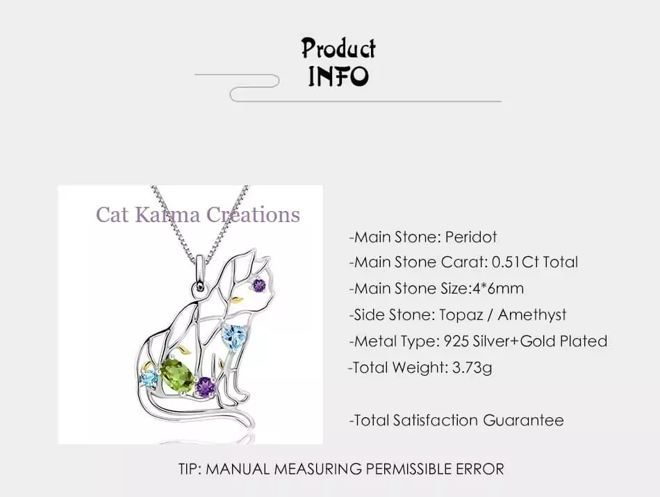 Sterling Silver Handmade Cat Pendant in Mixed Gemstone, Amethyst, Peridot and Blue Topaz