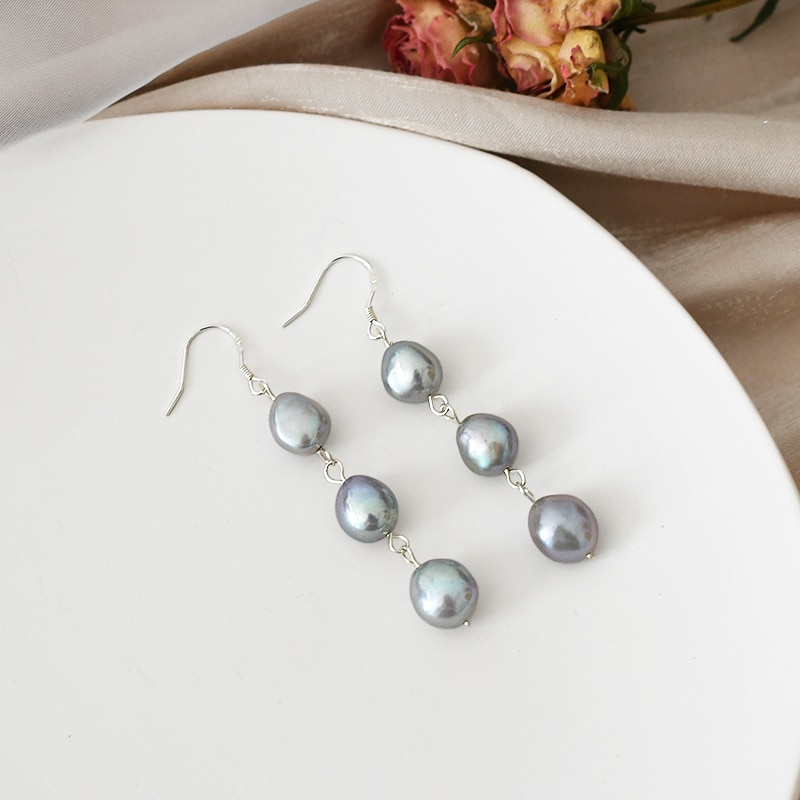 ASHIQI Natural Baroque Pearl 925 Sterling Silver Long Earrings For Women Black freshwater pearl Handmade drop earring Party Gift
