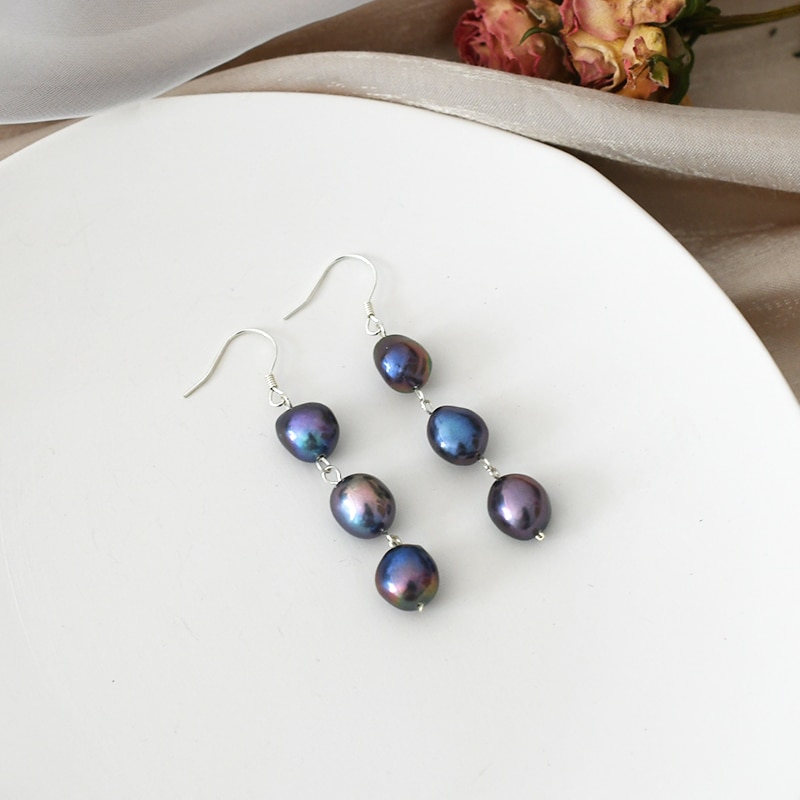 ASHIQI Natural Baroque Pearl 925 Sterling Silver Long Earrings For Women Black freshwater pearl Handmade drop earring Party Gift