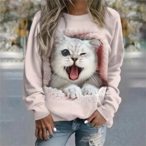 Women's Autumn Cat Print T-shirt