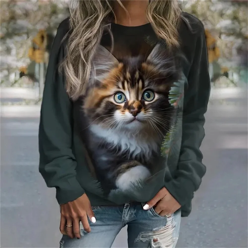 Women's Autumn New Pullover Long Sleeve 3D Fashion Cat Print T-shirt Girl Street Casual Women's Round Neck Sweater Daily Top