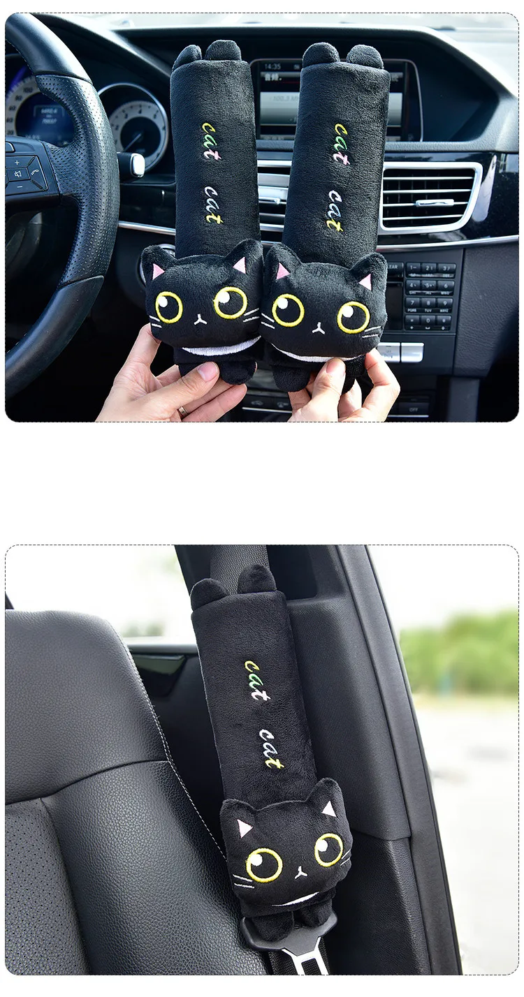 Cute Cat Car Neck Pillow Cartoon Cat Head Car Headrest Travel Cushion Cat Seatbelt Shoulder Pads Covers Rearview Mirror Cover