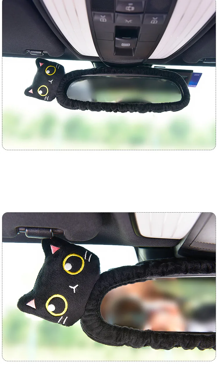 Cute Cat Car Neck Pillow Cartoon Cat Head Car Headrest Travel Cushion Cat Seatbelt Shoulder Pads Covers Rearview Mirror Cover