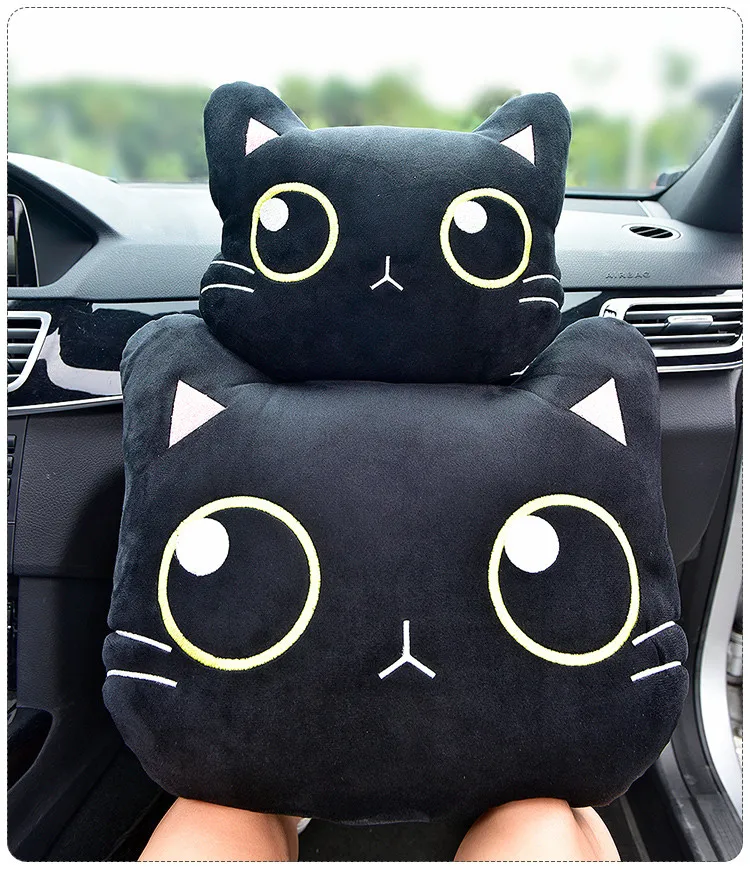 Cute Cat Car Neck Pillow Cartoon Cat Head Car Headrest Travel Cushion Cat Seatbelt Shoulder Pads Covers Rearview Mirror Cover