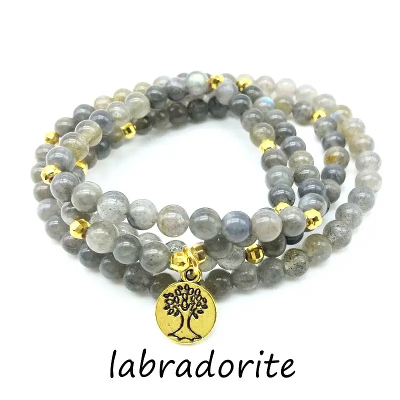 Hot Sale Natural Stone Bead Yoga Women Bracelet Elastic Stretchy With Metal Tree Charm Necklace Fashion Bangle Amethysts Howlite