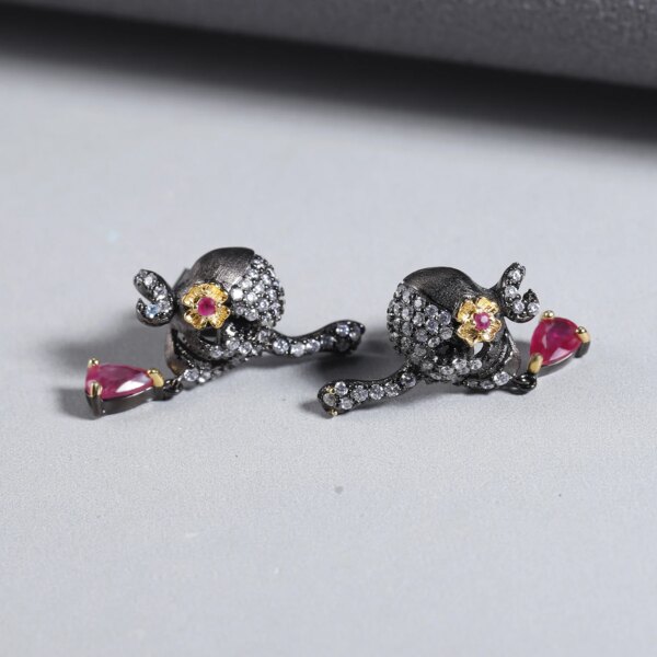 Elegant Skull Natural Ruby Stud Earrings - Image 2