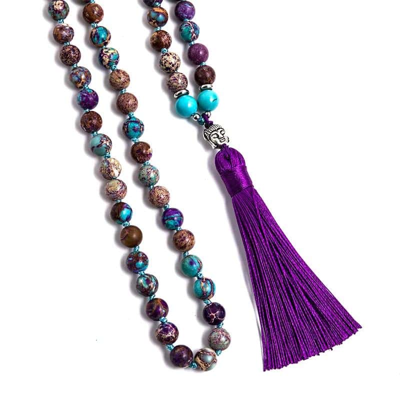 8mm Natural Turquoise Violet Imperal Jaspers Beaded Knotted 108 Japamala Necklace Meditation Yoga Tibetan Buddha Head Jewelry