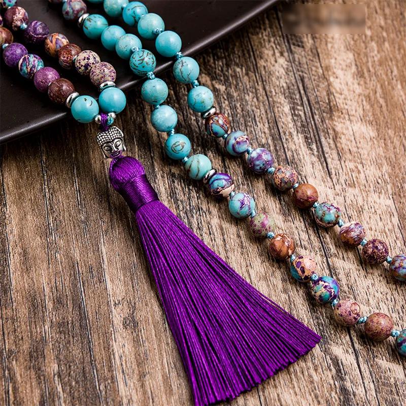 8mm Natural Turquoise Violet Imperal Jaspers Beaded Knotted 108 Japamala Necklace Meditation Yoga Tibetan Buddha Head Jewelry