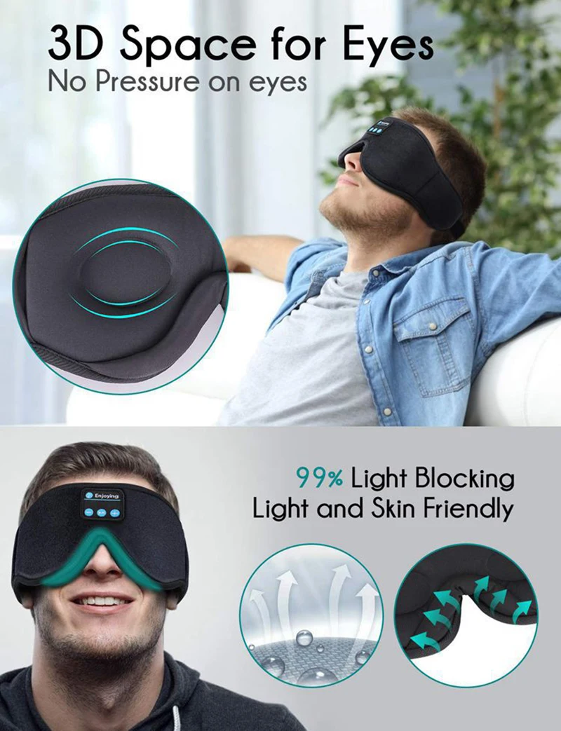 Sleeping Headphones Eye Mask for Sleeping 3D Contoured Cup Blindfold Concave Molded Night Sleep