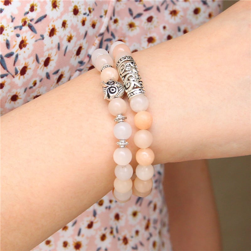 2pcs/set natural pink zebra stone beads bracelet women fashion owl charm lucky energy bracelet for women girls jewelry gifts