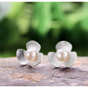 Natural Pearl Silver Clover Earrings