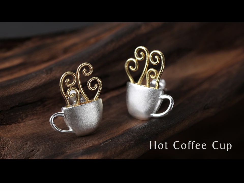 silver hot coffee cup earrings