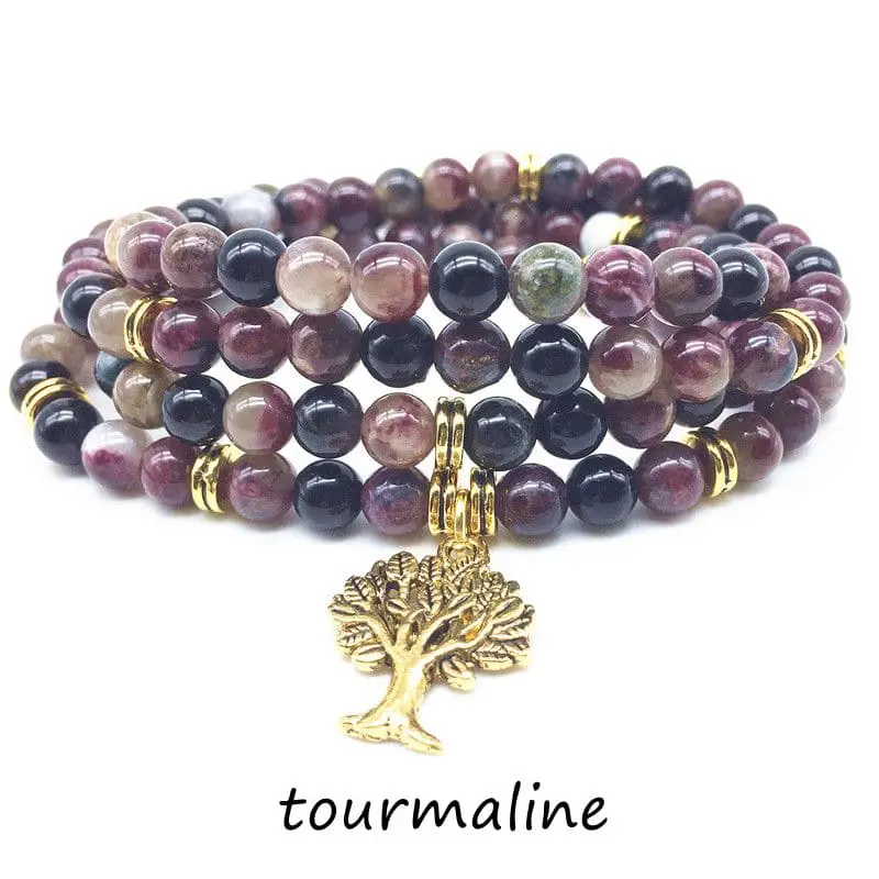 Natural Stone Beads Round Mala Yoga Bracelet Elastic Stretchy With Metal Tree Charms Necklace Woman Bangle Drop Shipping