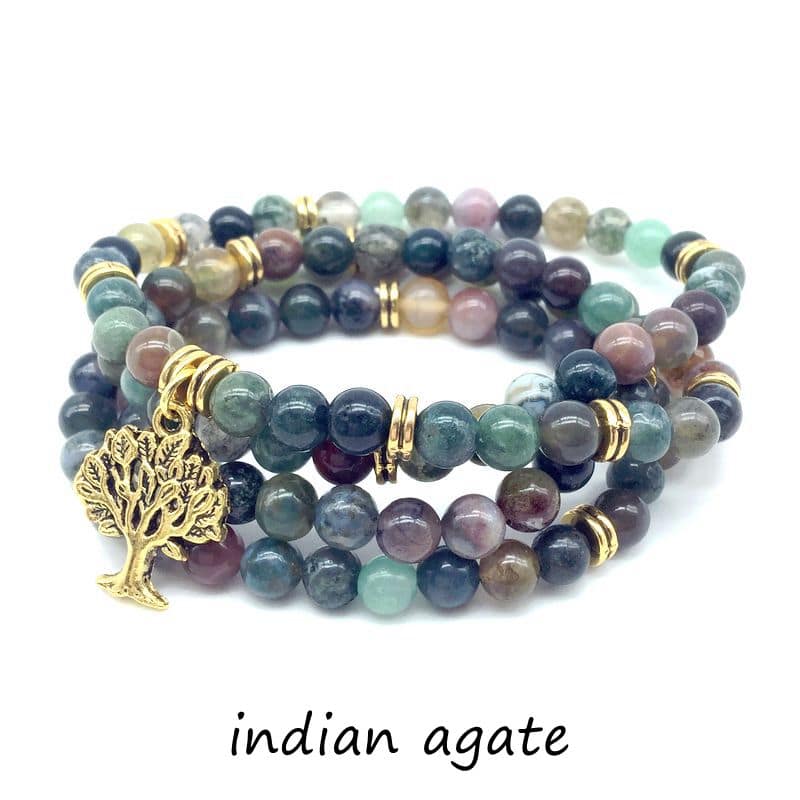 natural stone beads round mala yoga bracelet elastic stretchy with metal tree charms necklace woman bangle drop shipping