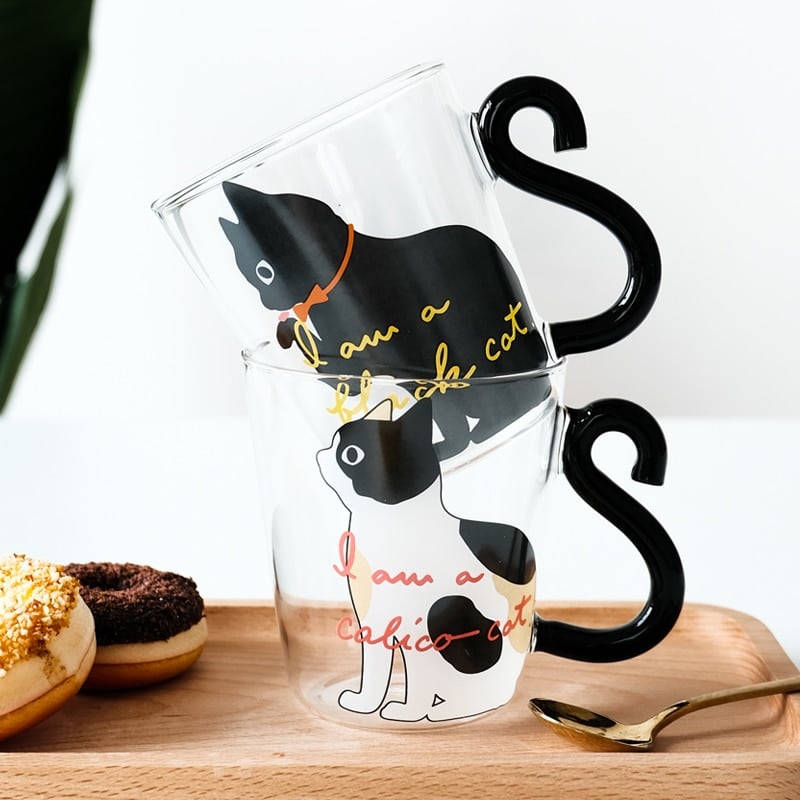250ml cute cat glass juice coffee cup milk tea coffee glass mug cat tail handle cat valentine's day lover gifts stainless spoon