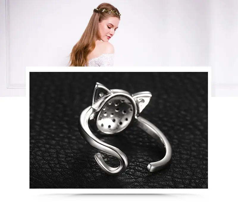 Genuine Black Spinel and Cubic Zirconia Sterling Silver Cat Ring